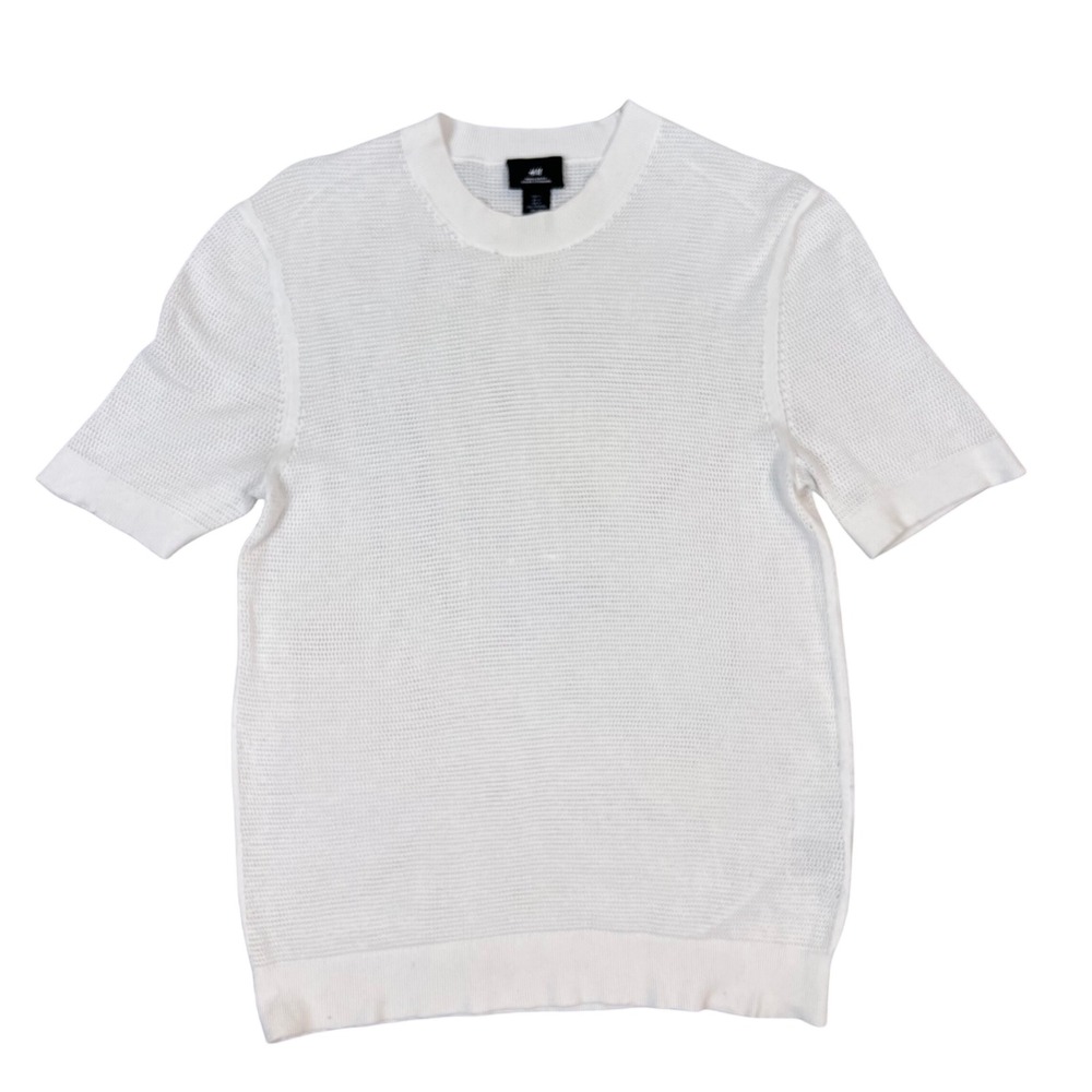 H&M Mens White Mesh Knit Short Sleeve Sweater Regular Fit Cotton Viscose Small